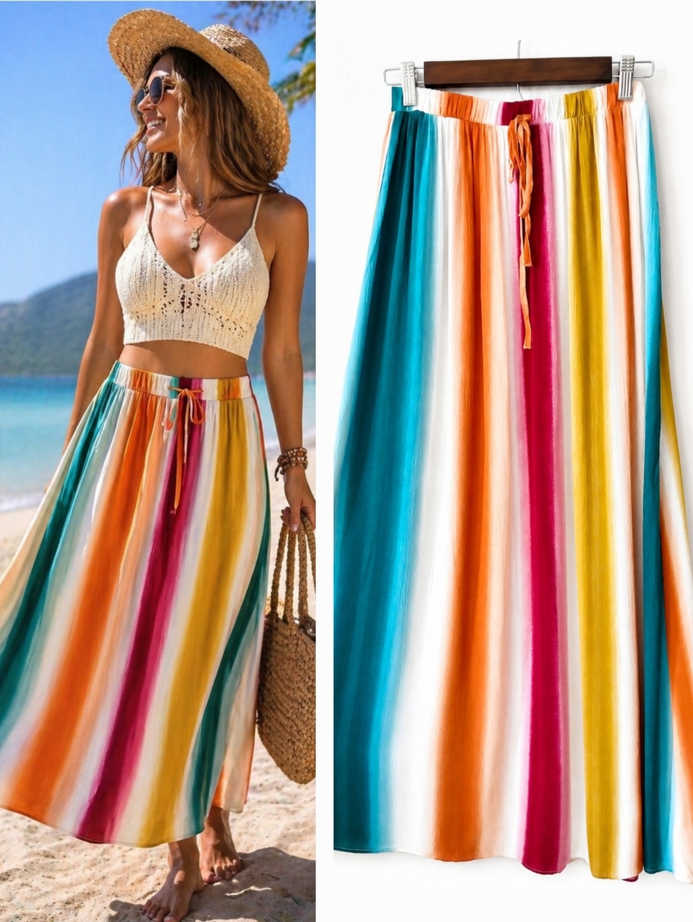 HIATUS Rainbow MIDI Southwestern SKIRT Stripe Ombre ELASTIC WAIST Women’s Size S